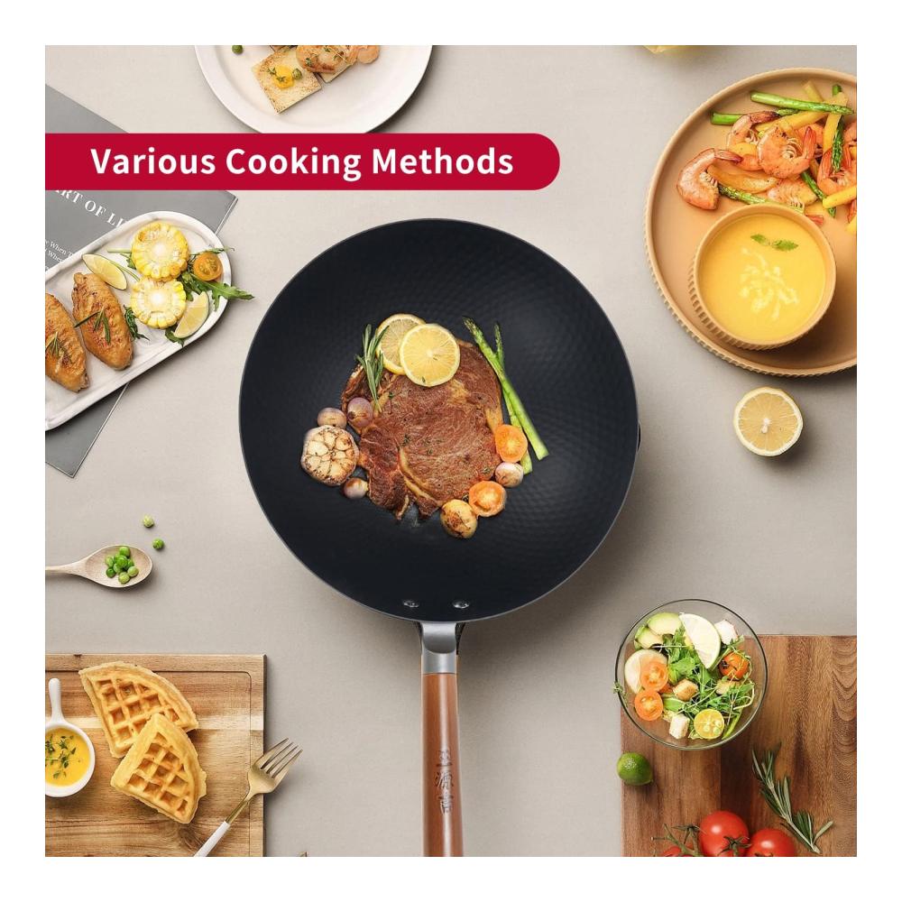 Premium Karbonstahl Wokpfanne 30cm | Für Gesundes Kochen Braten & Schmoren | Ohne Chemische Beschichtung | Flacher Boden Wok für Induktion Gas & Mehr | Inkl. Re