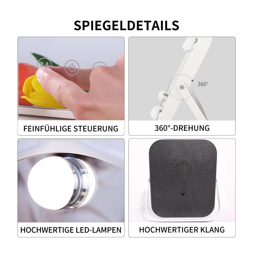 LED Tischspiegel mit Bluetooth Touch-Steuerung & 360° Drehung - Schminkspiegel mit 4 verstellbaren LED-Leuchten und 3 Farblichtoptionen - Kompakter 22 x 25 cm Kosmetikspiegel für perfektes Make-up