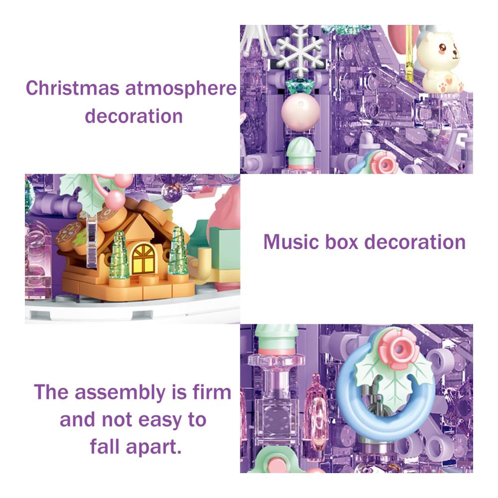 Erstaunliche Lila Kristall Weihnachtsbaum Spieluhr Bausatz mit 729 Stücken DIY Montage Absolut Rotierendes Modell Weihnachtliches Bausteinspielset für Festliche Freude
