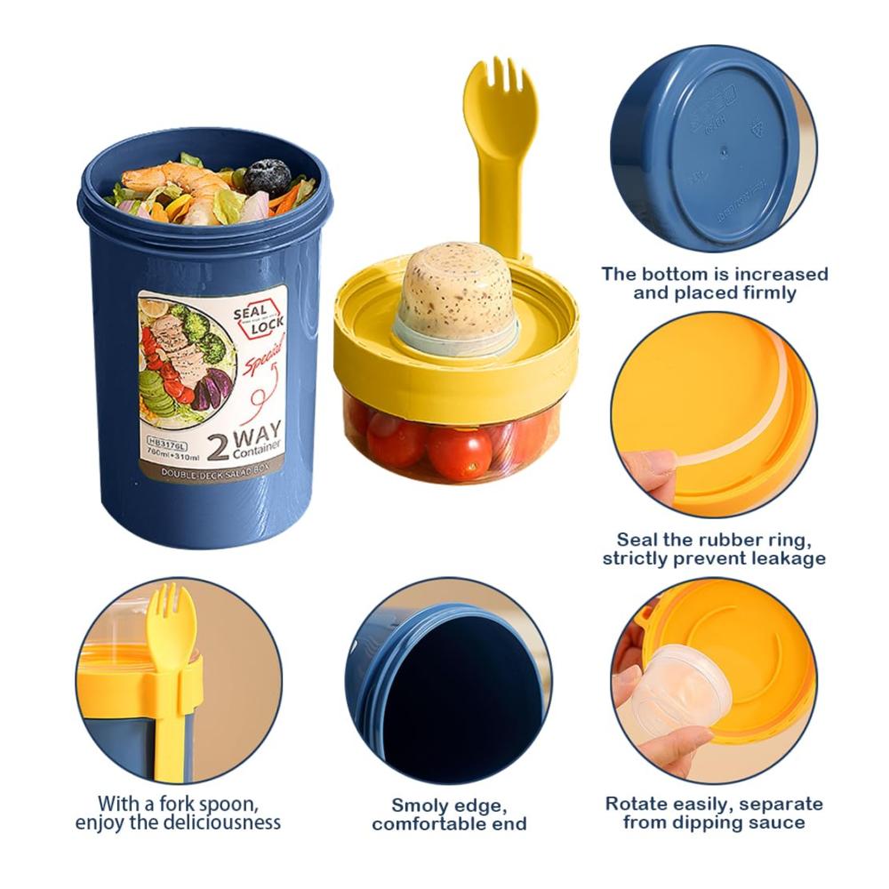 Frühstücks-Müslibecher wiederverwendbarer Haferbehälter mit Löffel | Obstsalatbecher mit Deckel | Brei-Glas für Schule Büro Reisen Picknick – 230 ml 760 ml (blau