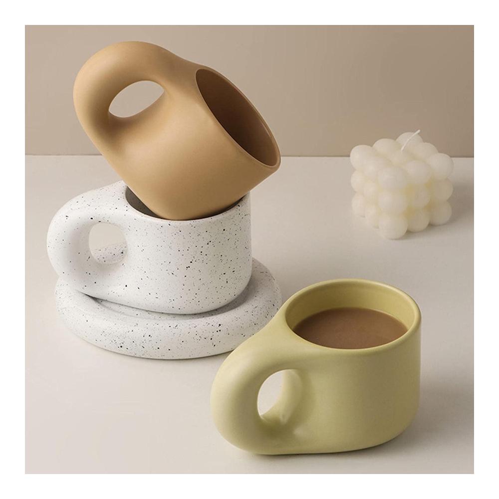 Keramik Tassen- & Untertassensets Kreative Handarbeit mit Fettgriff | Personalisierte 300ml Tasse für Kaffee Tee Milch & Kuchen | Ovaler Teller inklusive