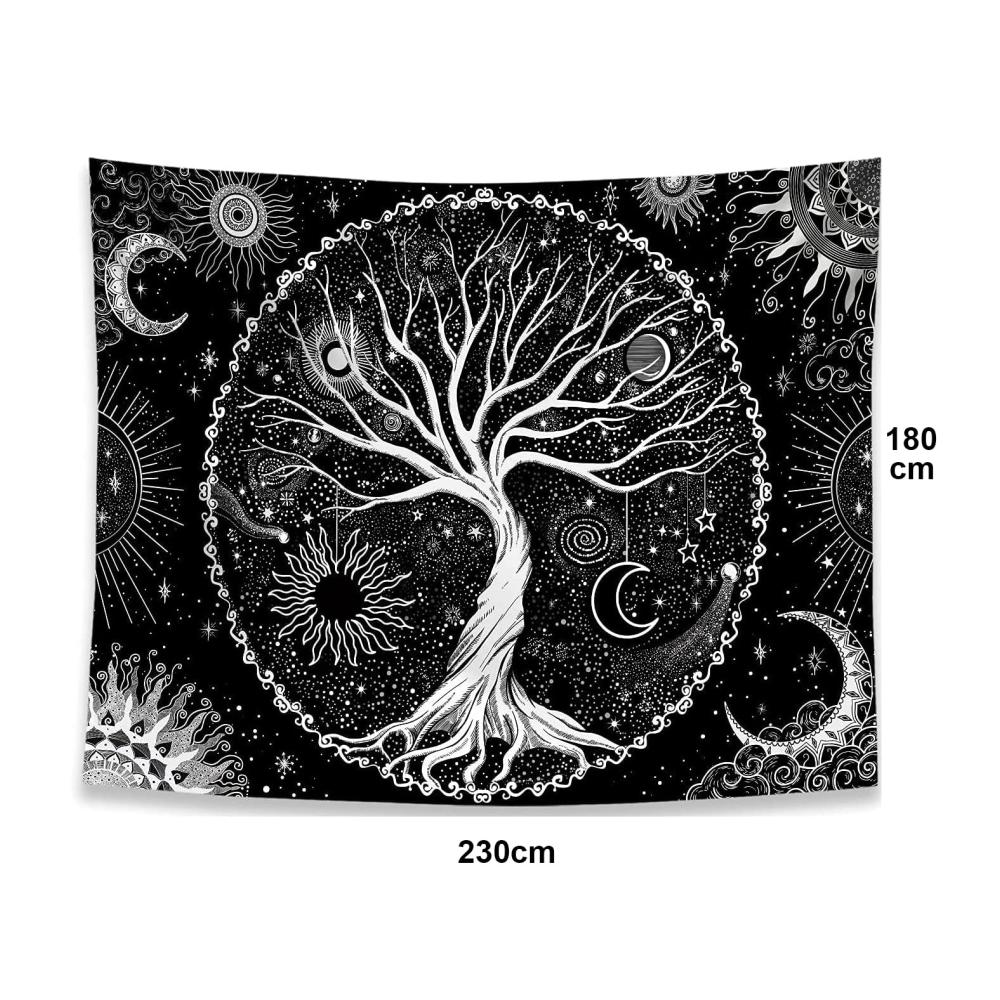 Ätherisches DÉCOCO Baum des Lebens Galaxie Wandteppich – Ästhetische Wohnaccessoires & Deko für Schlafzimmer – Schwarz-Weiß Wandbehang (180x230 cm