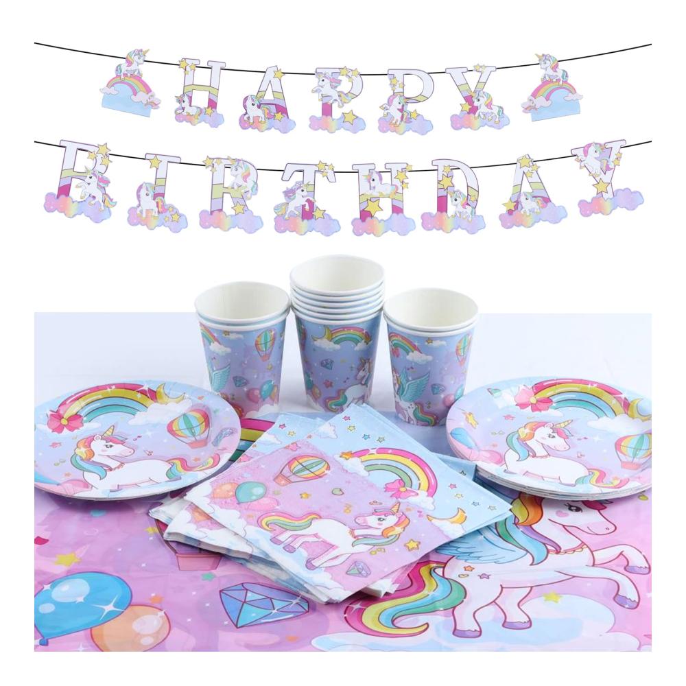 Einhorn Geburtstagsdeko Set - Partyzubehör & Dekoration für Kindergeburtstag - Einhorn Pappteller Becher Servietten & Tischdecke - Magische Einhorn Partygeschirr für unvergessliche Feiern