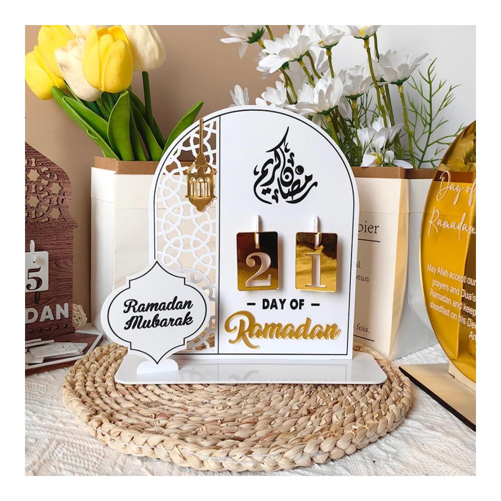 Dekorativer Ramadan-Adventskalender DIY Eid Mubarak Ornament Dekoration 30 Tage bis Eid Muslimische Ramadan-Geschenke für Kinder und Partydekoration (Weißes Acryl
