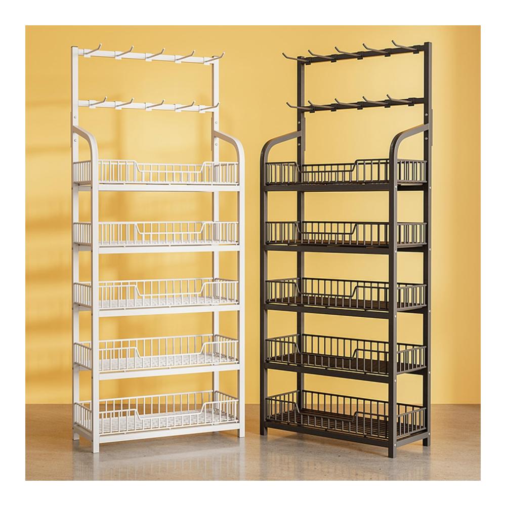 Effiziente Küchenorganisation 4/5-stufiger Metallregal-Ständer mit Haken für Snacks Obst und Gemüse. Platzsparende Aufbewahrungslösung für die Speisekammer. (Farbe Schwarz Größe 4 Tier 50x27x146cm