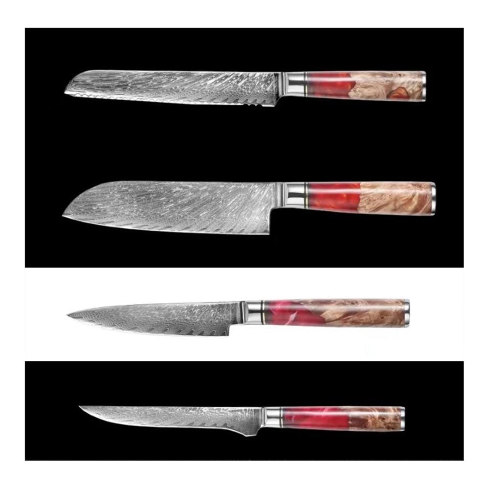 Hochwertiges 8-teiliges Küchenmesserset mit Damaskus-Klingen und Holz-Harz-Griffen - Profi Kochmesser für Chef Santoku Schälmesser und mehr