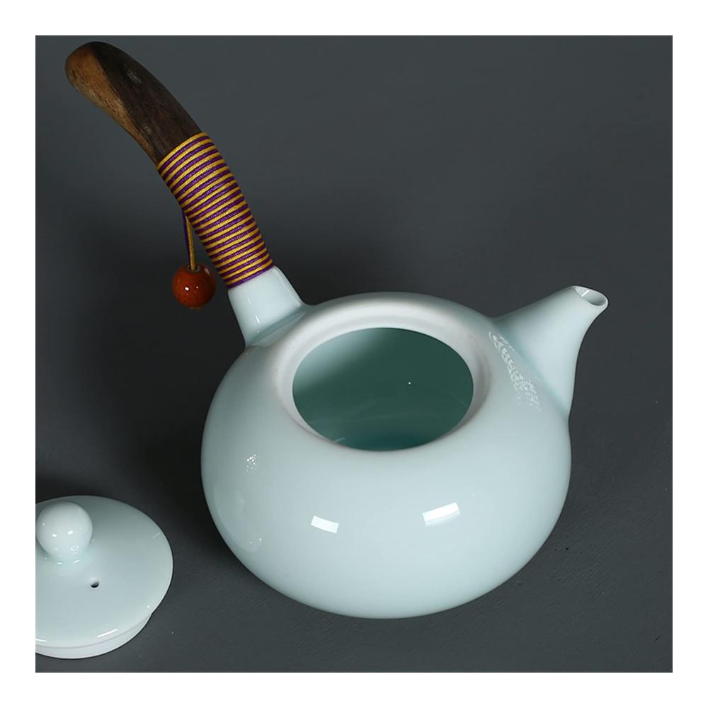 Kung Fu Tee Set Handgefertigte Celadon-Teekanne (220ml) mit Holzgriff - Ideal für schwarzen & grünen Tee - Kleine Keramikteekanne
