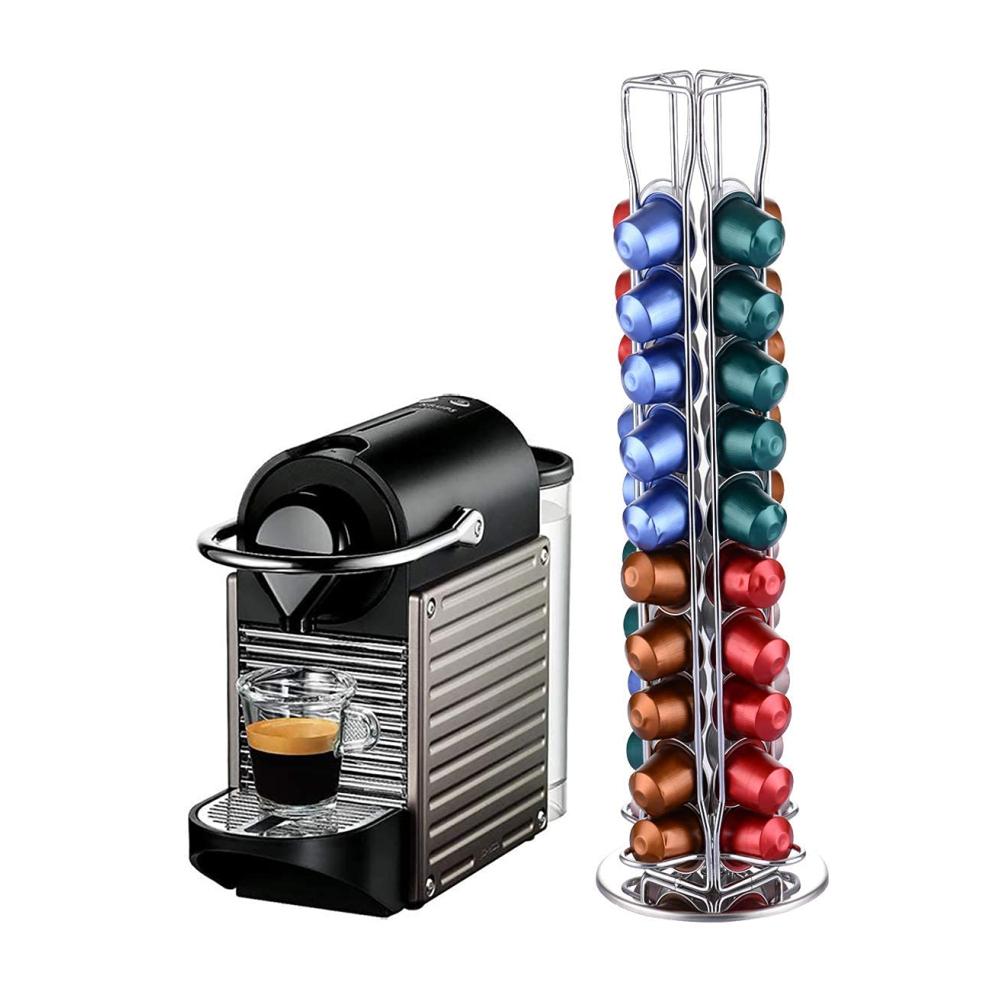 360° Drehbarer Kapselständer für Nespresso - Platzsparende Aufbewahrung für 40 Kaffeekapseln - Rostfreier Kapselhalter in Silber Chrom Design