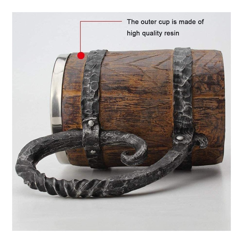 Authentische Holzoptik Vintage Biergläser aus Edelstahl mit Griff im Holzfass-Design - Perfekte Geschenkidee für Männer - 550 ml Kapazität - Rustikaler Genuss für Bierliebhaber