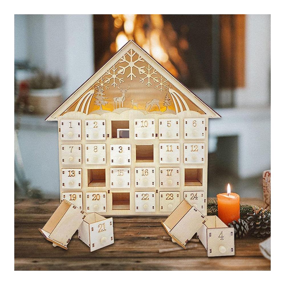 Dekorativer Adventskalender Holzhaus mit LED-Lichtern & 24 Aufbewahrungsschubladen | Weihnachtsdekorationen 2024 inklusive | Xmas-Haus