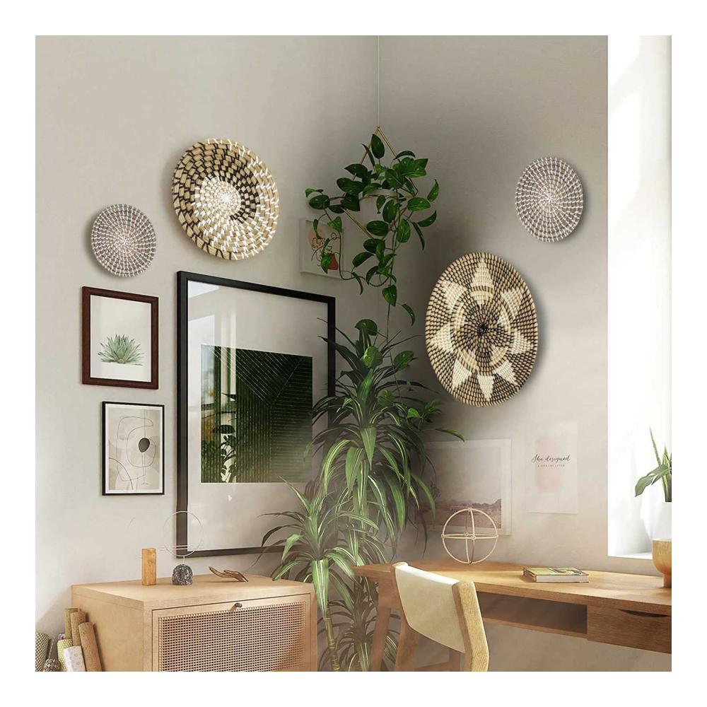 Entdecken Sie stilvolle Wandkunst Handgewebte Wandskulpturen & Obstschalen-Tabletts aus Seegras für Wohnzimmer & Schlafzimmer - Set mit 3 Mehrzweck-Aufbewahrungsz