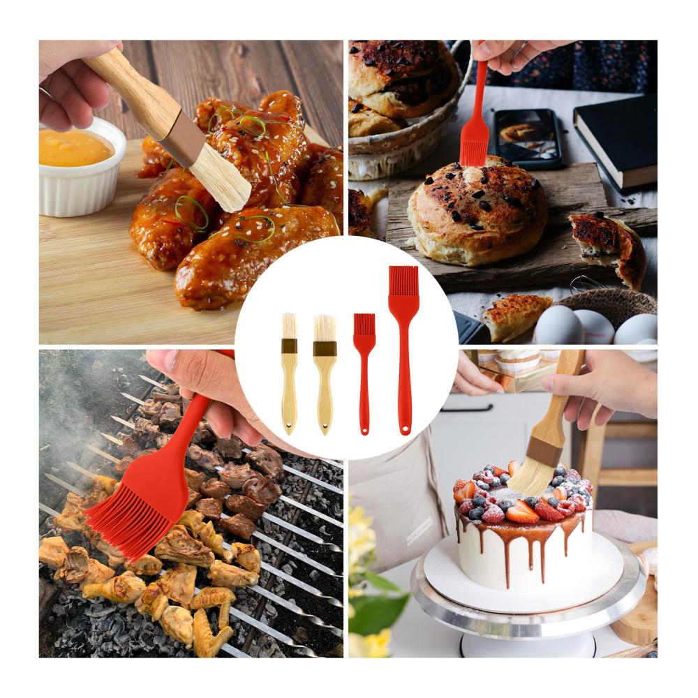 Hochwertiger Silikon-Backpinsel-Set 4Stk Lebensmittel-Pinsel mit Borsten & Buchenholzgriff – Perfekt zum Verteilen von Öl Soße & Butter in Küche Grill & Backofen (Rot