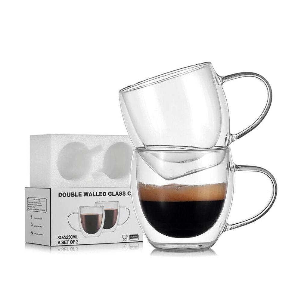 Doppelwandige Kaffee- & Teegläser Set | 200ml hitzebeständige Glasbecher für Cappuccino Latte Tee Saft & mehr | Stilvolle Kaffeetassen mit Griff |