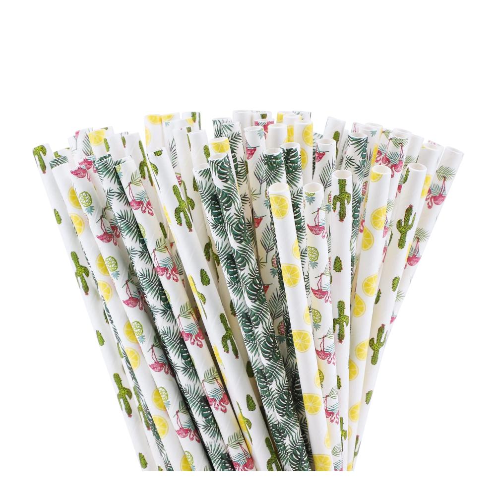 Strohhalme 200 Stück Biologisch Abbaubare Papierstrohhalme mit Sommermotiven für Flamingo- und Kaktusmuster ideal für Luau-Partys und Hochzeiten - Nachhaltiges Trinkvergnügen