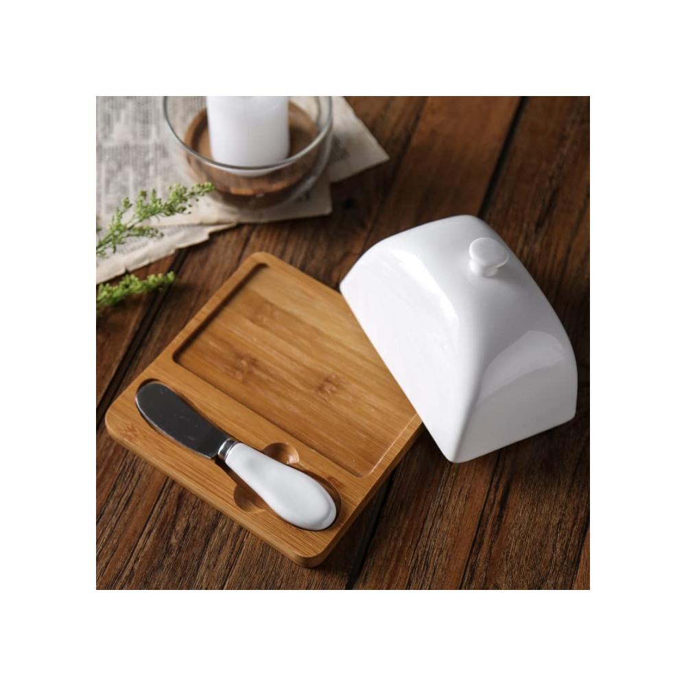 Erfrischendes Design Keramik Butterdose mit Holzdeckel für Käse & Desserts | Porzellan Behälter für hausgemachte Butter | Inklusive praktischem Messer | Attraktive Butterbox