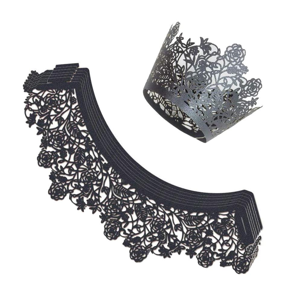 Einweg-Backbecher 100 Stück mit hohler Rosen-Spitze | Perfekte Cupcake-Halter für Hochzeit Geburtstag & Partydekoration | Backen & Servieren leicht gemacht | Umweltfreundliches Material | Schwarz