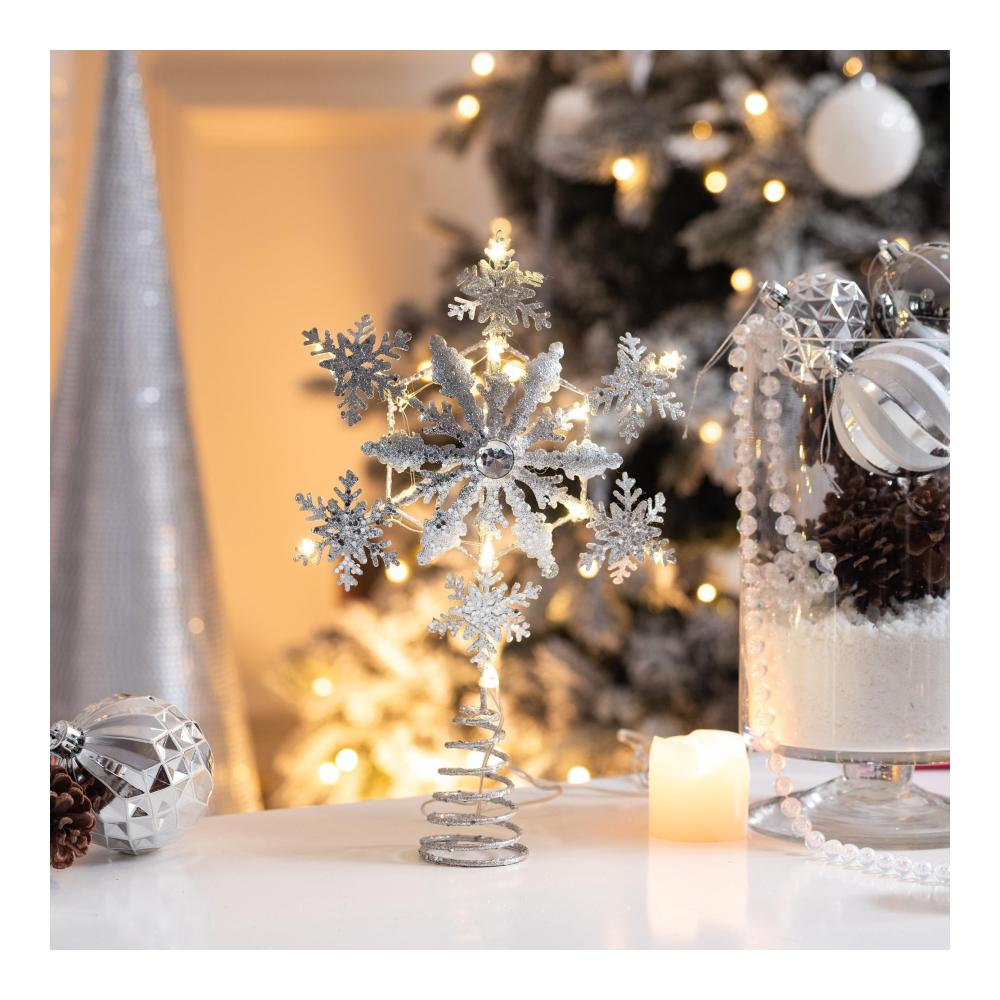 Strahlende Festlichkeit Valery Madelyn 33cm LED Weihnachtsbaumspitze - Batteriebetrieben Glitzernd in Weiß-Gold - Dekorative Spitze für die Feiertage