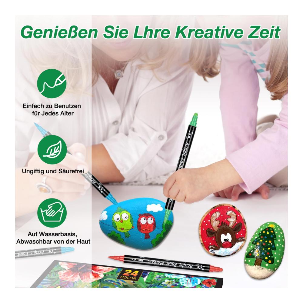 Premium Acrylstifte Set - 24 wasserfeste Marker & Filzstifte für Steine Holz Papier & mehr! Dual Tip für präzises Malen. Ideal für Kunstprojekte DIY und Kinder. Schnelltrocknend & langlebig