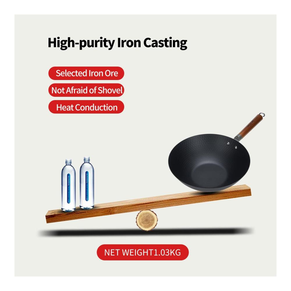 Premium Karbonstahl Wokpfanne 30cm | Für Gesundes Kochen Braten & Schmoren | Ohne Chemische Beschichtung | Flacher Boden Wok für Induktion Gas & Mehr | Inkl. Re