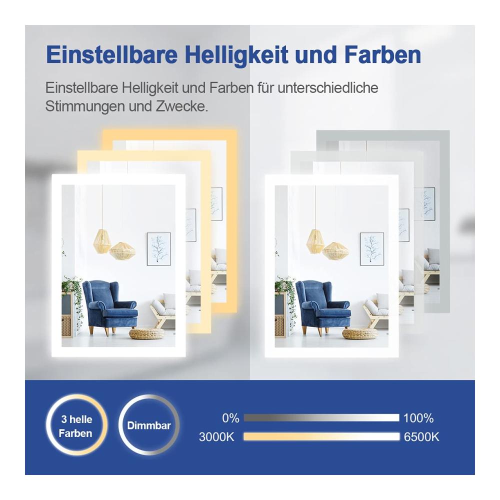 Wandspiegel Badspiegel mit Beleuchtung 100x60cm LED & Vergrößerung | Touch-Schalter Uhr Dimmbar | Badezimmerspiegel Warmweiß/Kaltweiß/Neutral | Moderner Lichtspiegel für stilvolles Ambiente