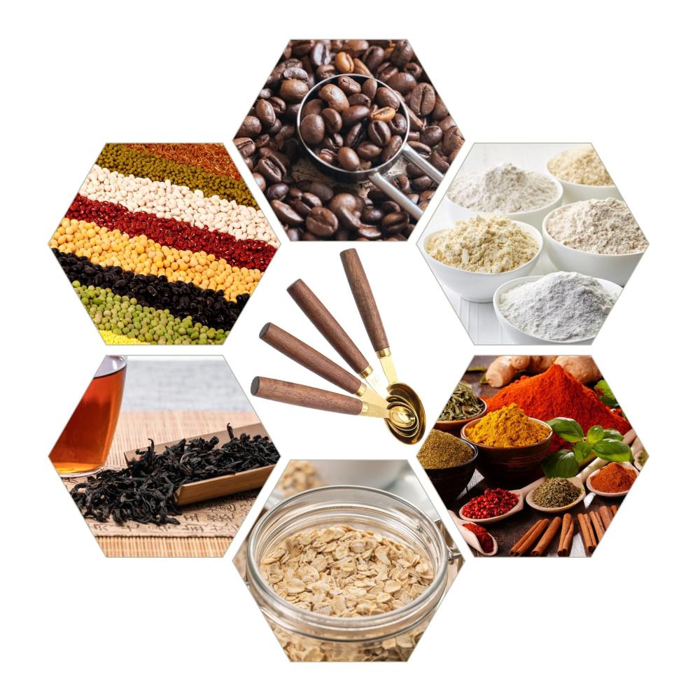 Entdecken Sie unsere hochwertigen 4-teiligen Messlöffelsets mit eleganten Holzgriffen für präzises Backen und Kochen - Ein Must-Have für Ihre Küche