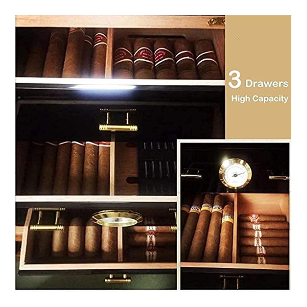 Premium Zigarren-Humidor-Schrank Spanisches Zedernholz 3 große Schubladen für 50 Zigarren mit Hygrometer und Luftbefeuchter - Luxuriöse Aufbewahrung für Ihren Genuss