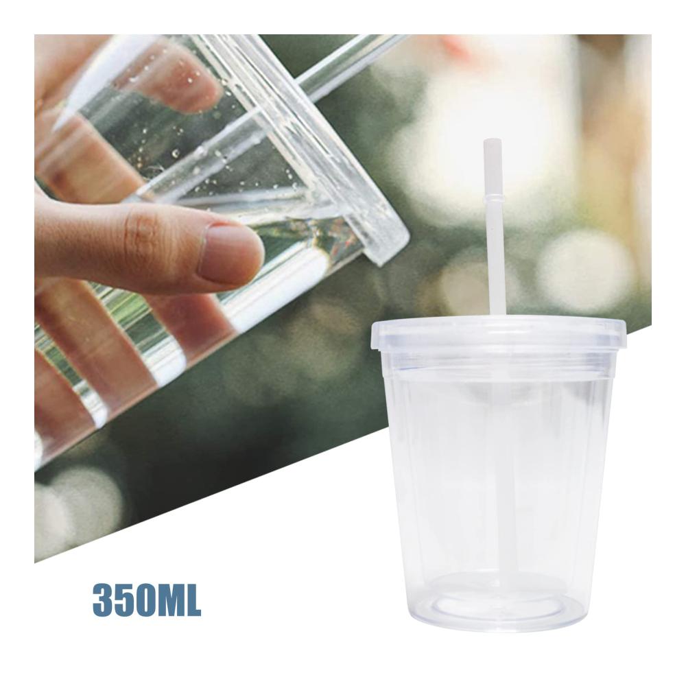 Genießen Sie Unterwegs! 350ml Doppelwandiger Strohbecher - Wiederverwendbarer BPA-freier Hartplastikbecher mit Deckel und Strohhalm - Ideal für Reisen und unterwegs