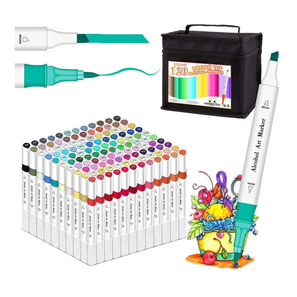Entdecke die kreative Welt Efimeso 120er Marker & Filzstifte Set - Alkohol Marker Brush Pen - Perfekt für Kinder & Erwachsene - Twin Marker zum Malen & Ausmalen