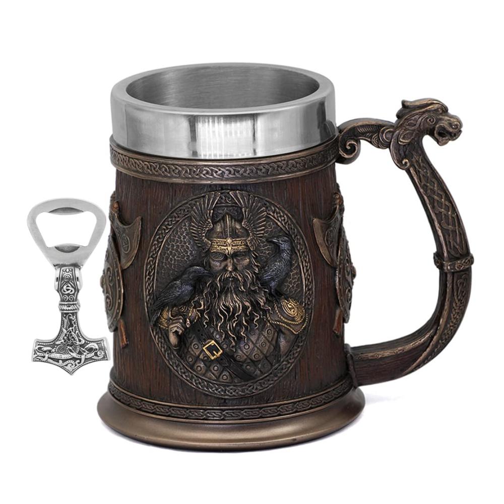 Rustikaler 3D Wikinger Krug Becher mit Thors Hammer Flaschenöffner - Handgefertigter Bierkrug für Männer - Perfektes Geschenk für Bierliebhaber und Vatertag - Odin inspirierte Bierkr