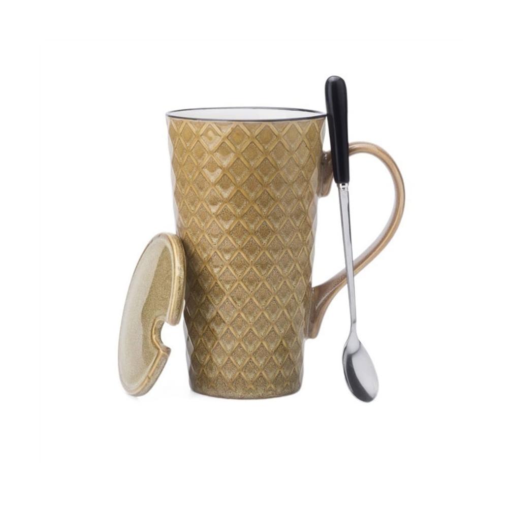 Nordisches Becherset 500ml Keramikbecher mit Deckel & Löffel - Kreativer Trinkgenuss für Zuhause Büro & Teezeit - Suppentassen in Gelb