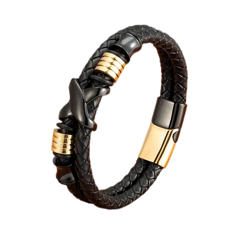 Herren-Lederarmband im klassischen Stil mit Doppelnaht und Edelstahl - DIY-Design & Verpackung für kleine Accessoires Schwarz
