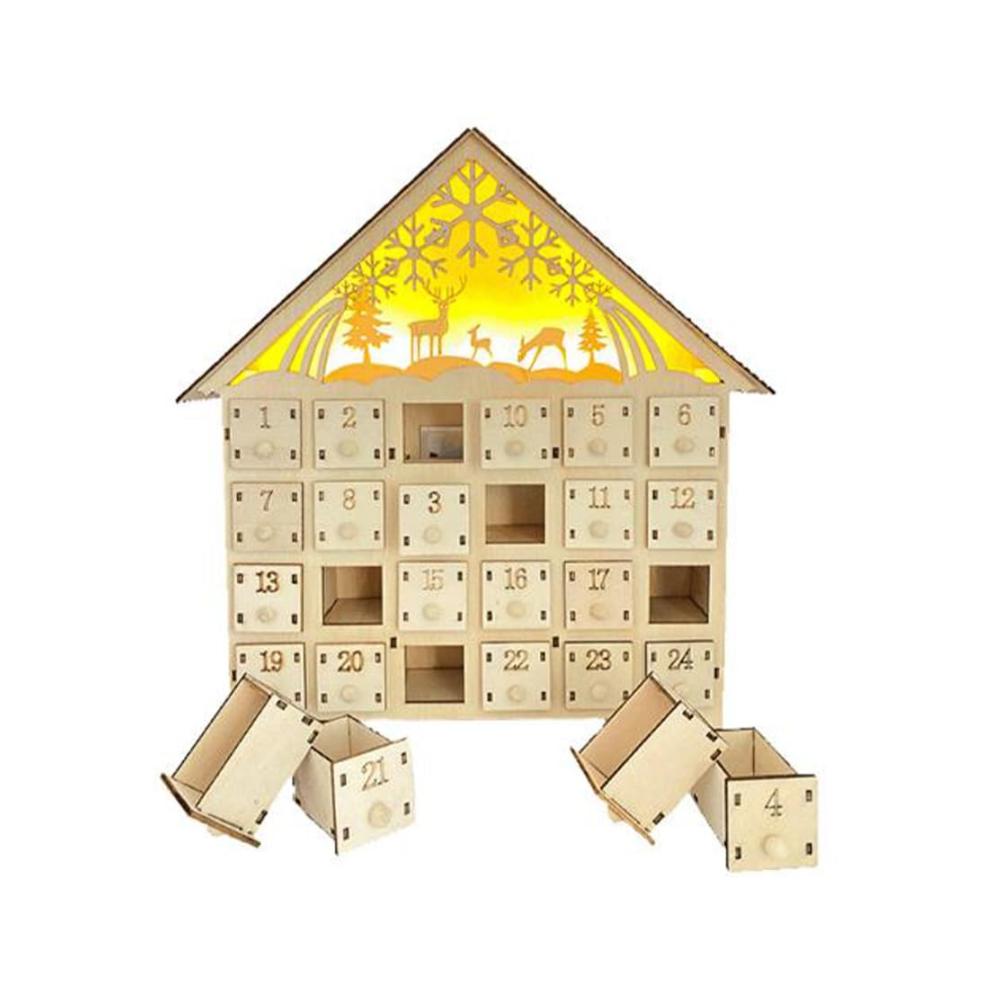 Dekorativer Adventskalender Holzhaus mit LED-Lichtern & 24 Aufbewahrungsschubladen | Weihnachtsdekorationen 2024 inklusive | Xmas-Haus