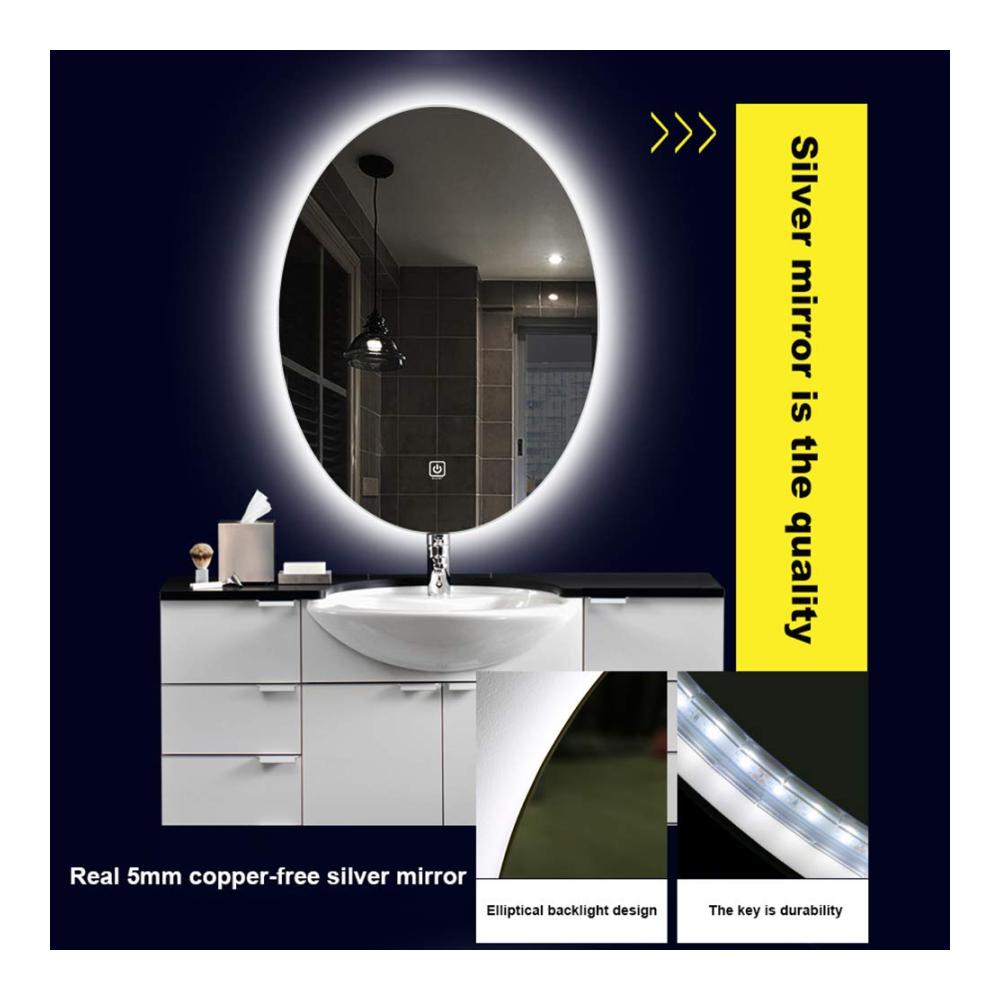 LED Badspiegel Wandmontage - Moderner ovaler Badezimmerspiegel mit Touch-Steuerung explosionsgeschütztem Glas und rahmenlosem Design. Inklusive energiesparender LED-Beleuchtung für stilvolle Akzente im Bad