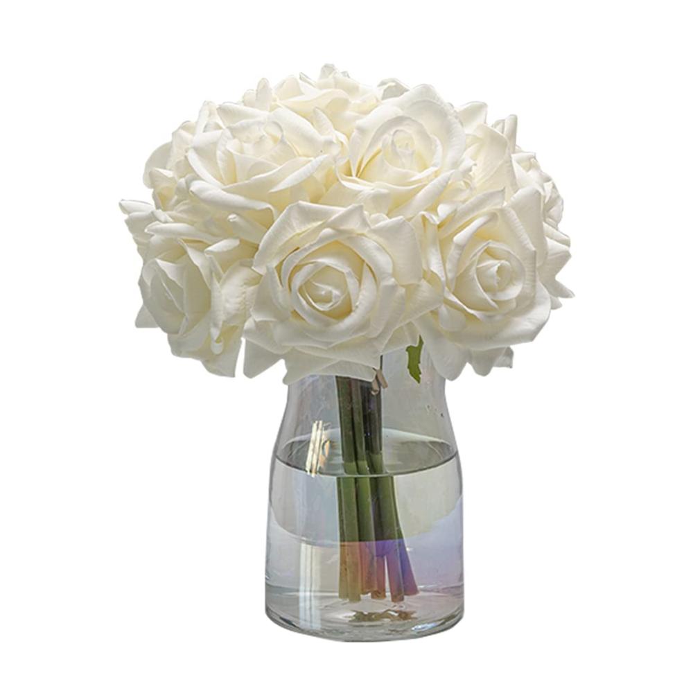 DUYONE Künstliche Rosen - 10er Set Seidenblumenstrauß mit echter Haptik für Zuhause Party & Hochzeit Dekoration - Hochwertige Kunstblumen in Weiß