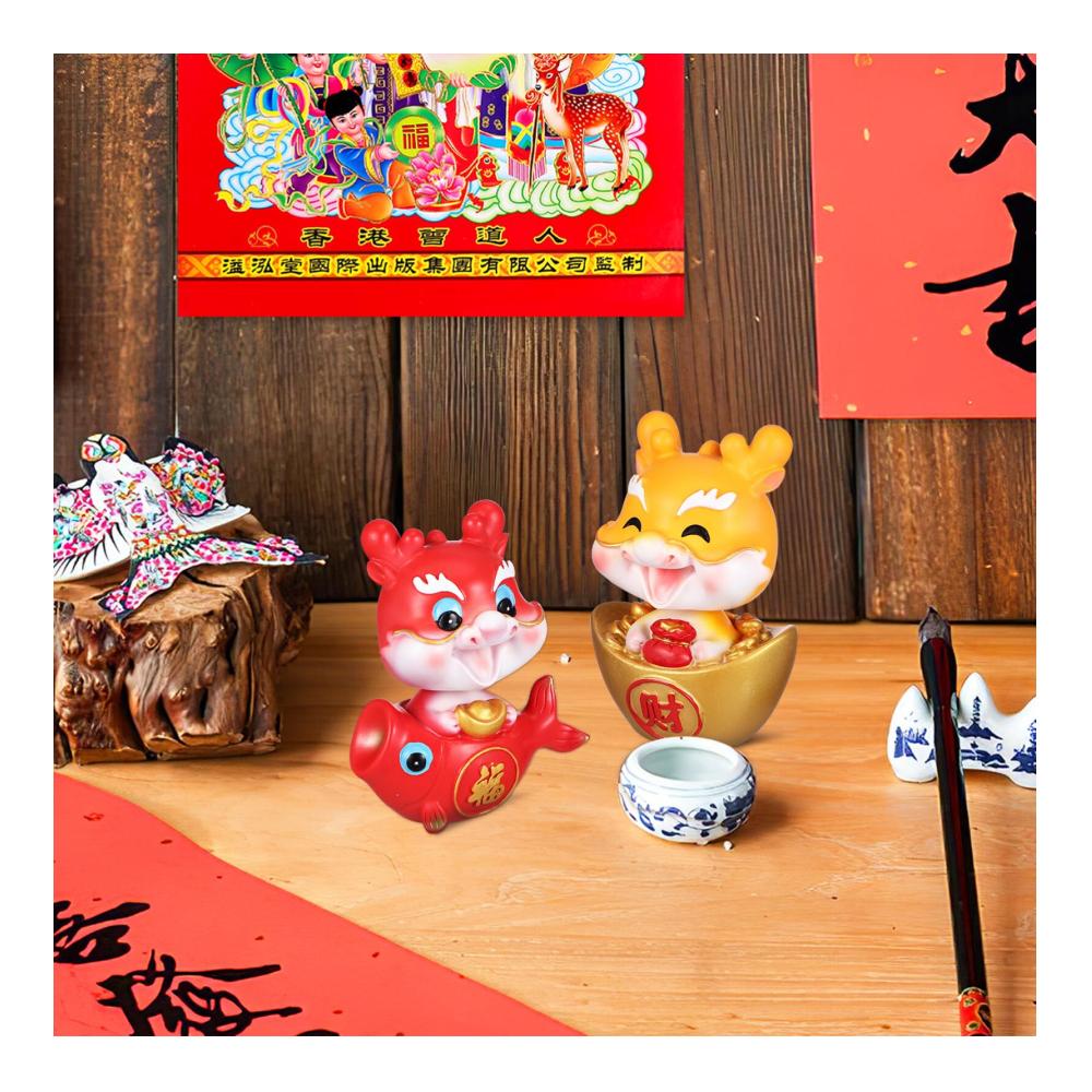 Chinesische Drachenfiguren - Glücksbringer aus Kunstharz für 2024! Feng Shui Tier-Wackelköpfe perfekte Auto-Dekoration für Reichtum und Glück im neuen Jahr