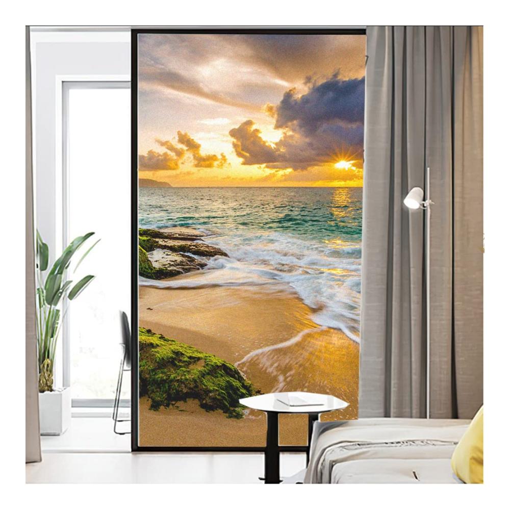 Dekorative Fensterfolie Selbsthaftend Blickdicht mit Sonnenaufgangsmotiv - Sichtschutzfolie Meer und Sonne - Milchglas-Aufkleber für Zuhause - Selbstklebender Fensteraufkleber Dekoration - 60x