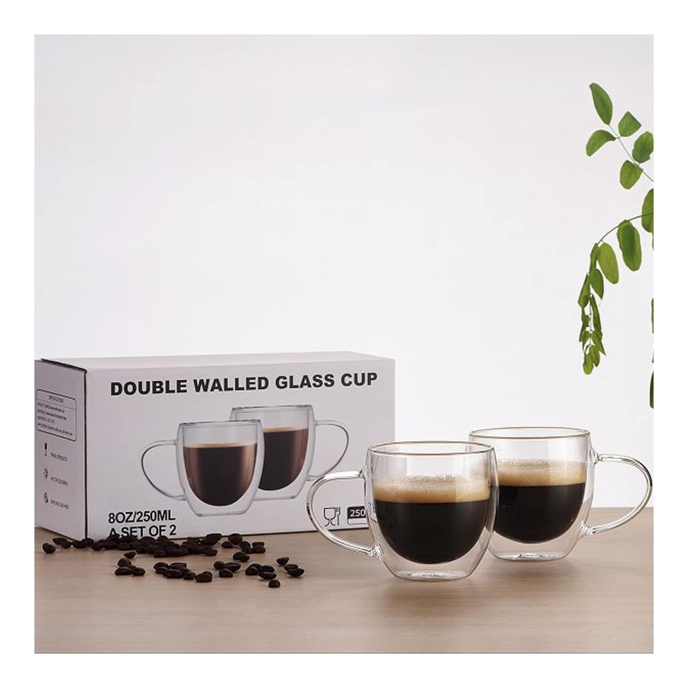 Doppelwandige Kaffee- & Teegläser Set | 200ml hitzebeständige Glasbecher für Cappuccino Latte Tee Saft & mehr | Stilvolle Kaffeetassen mit Griff |