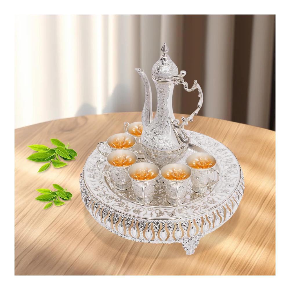 Exklusives Türkische Kaffeekanne & Teeset - Vintage Design mit Tablett und 6 Teegläsern | Edles Türkisches Teeset - Perfekt für Home Tea Party | Ornamentierte Teekanne in Silber für Genussmomente