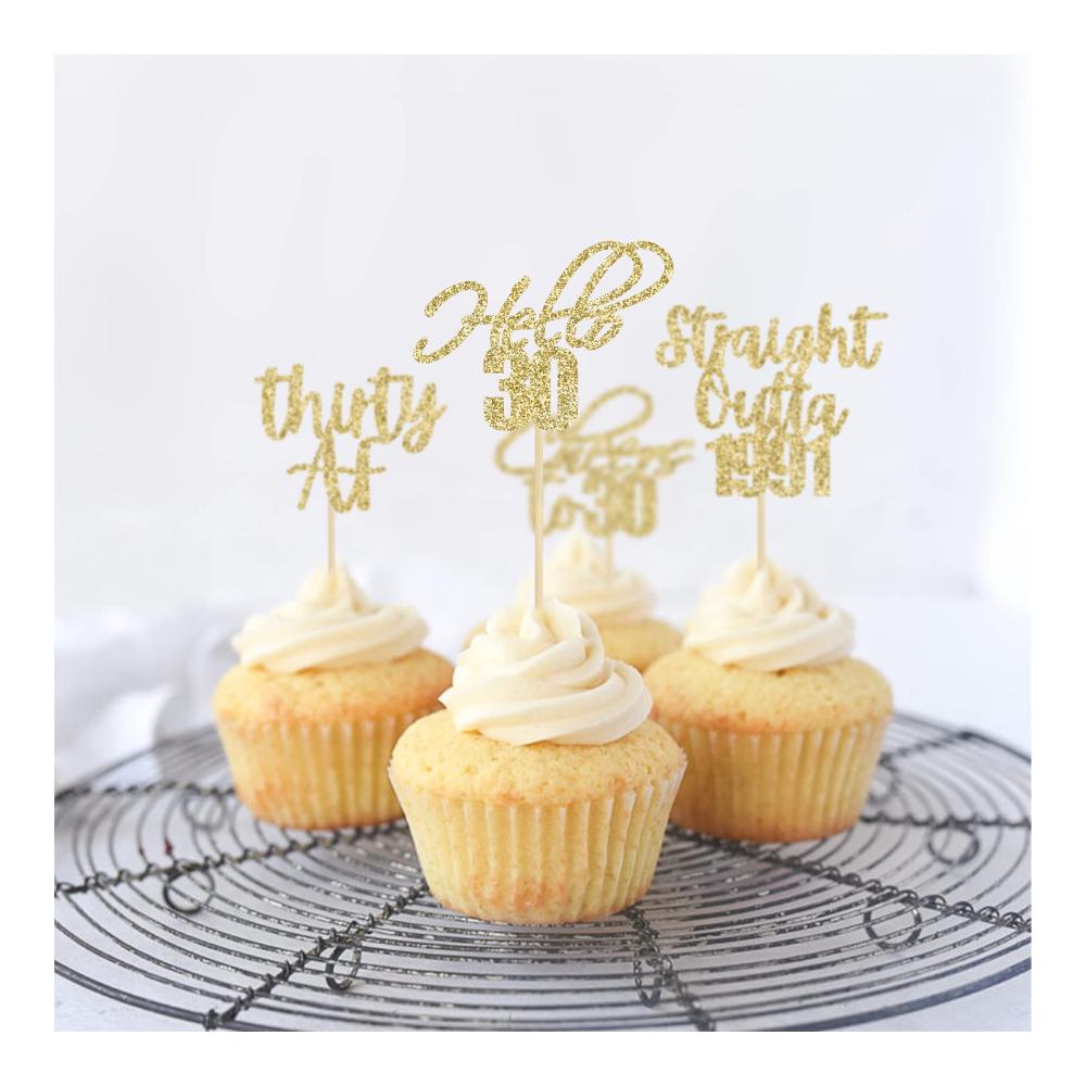 Verzaubern Sie Ihre Geburtstagsfeier mit Eleganz 48-teiliges Tortendekorationsset Gold Glitter - Hello 30 Cupcake Topper Jubiläumsfeier-Zubehör mit Glitzer für den perfekten 30. Geb