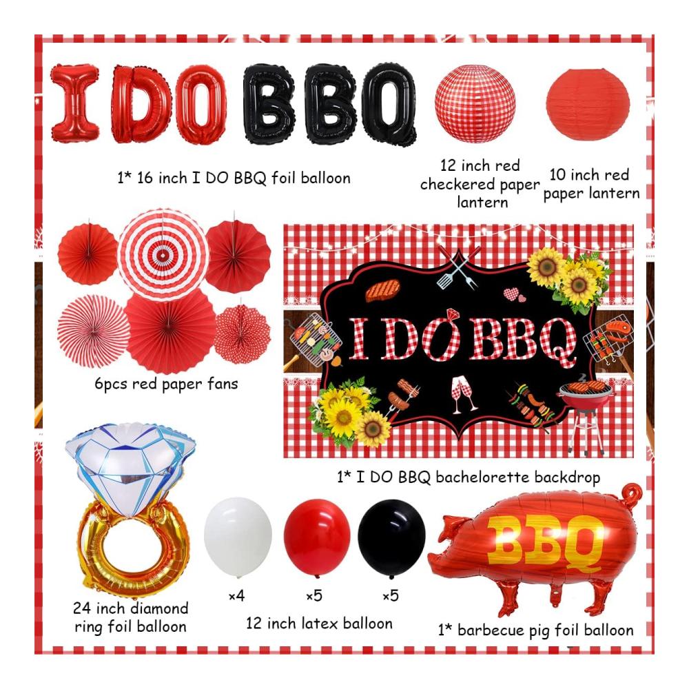 I Do BBQ Luftballon und Dekorationsset - Bachelorette-Party-Hintergrund mit Papierfächern und Picknick-Zubehör - Perfekte Dekorationen für Ihre Grillparty