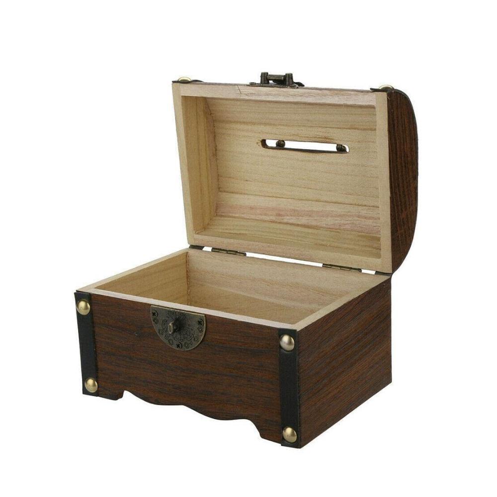 Vintage Spardose aus Holz - Schatztruhe mit Schloss - Münzgeld-Aufbewahrungskoffer - Sichere Münzsparbank - Heimdekoration & Geschenke - Braun