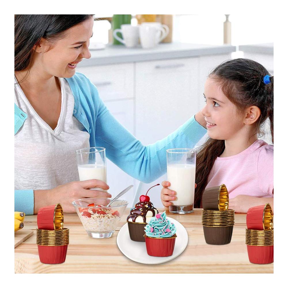 Premium Einweg-Backbecher Set 100 Stück Mini Muffins Papierförmchen aus Aluminium-Folien für perfekte Cupcakes - Ideale Cupcake Formen für Geburtstage Hochzeiten & Partys - Braun/Rot 4x7x5 cm