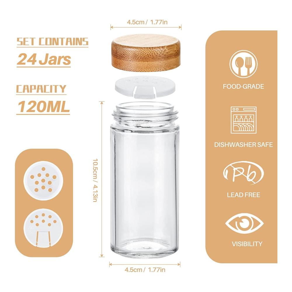 Entdecken Sie die Magie der Gewürze mit Rocneuna 24 runde Gewürzgläser aus umweltfreundlichem Glas (120 ml) mit Bambusdeckeln. Praktischer Streueinsatz Trichter und Kreidestift Etiket für mühelose Organisation. Verleihen Sie Ihrer Küche den perfekten Hauch von Geschmack und Stil