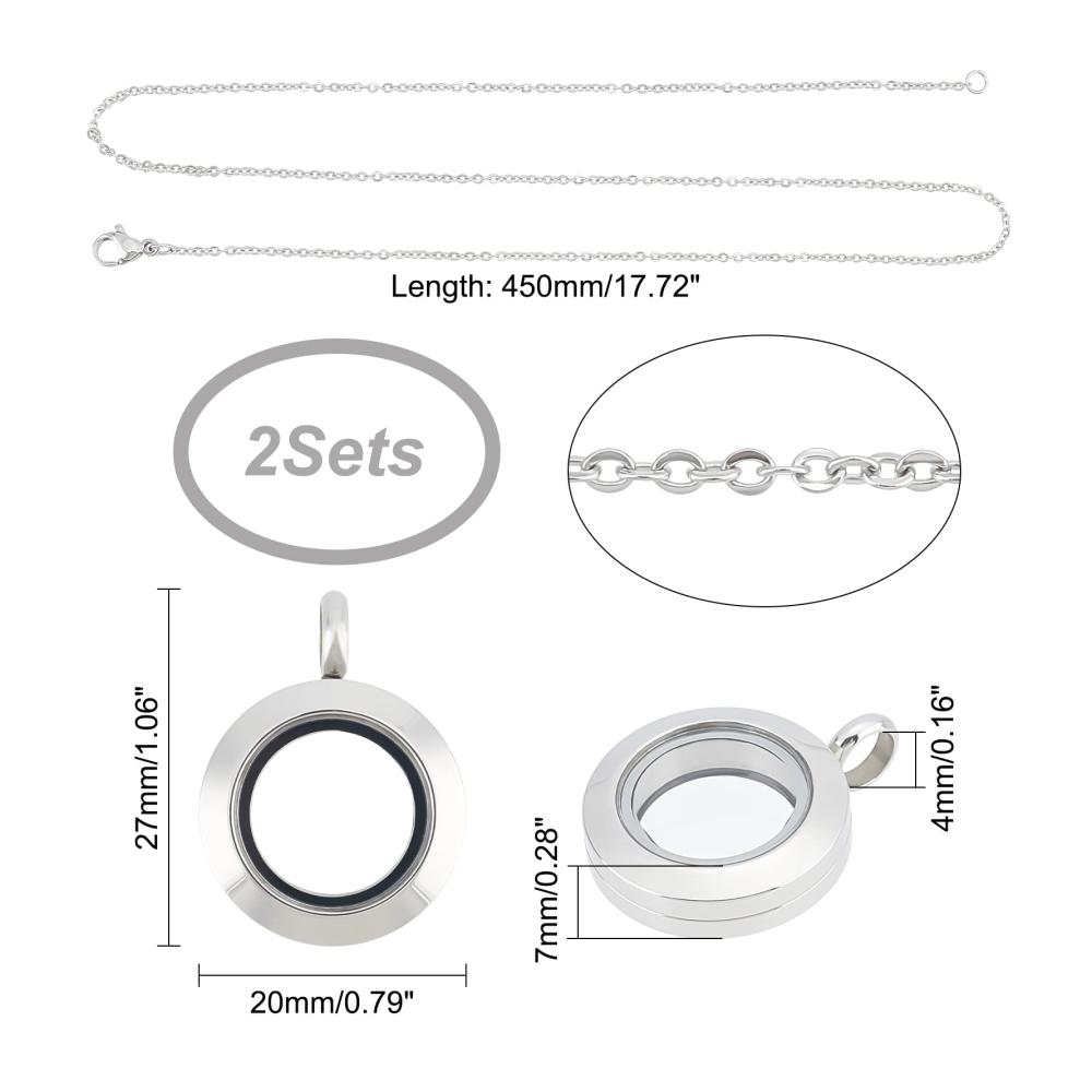 Elegante 2er-Set Schmuckanhänger Edelstahl Medaillon mit Kristallen doppelseitiger Rahmen & Glasbehälter. Perfekt für Schmuckherstellung! Inklusive 450 mm Halskette