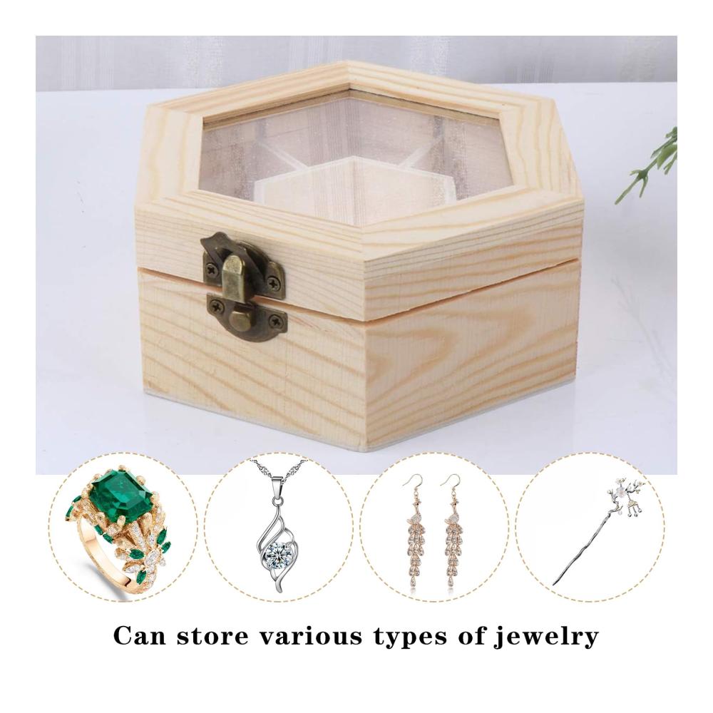 Entdecken Sie die Vielfalt Sechseckige Schmuckschatulle aus Holz mit Glasdeckel – DIY Box für Ring Armband Uhr Halskette & Ohrringe