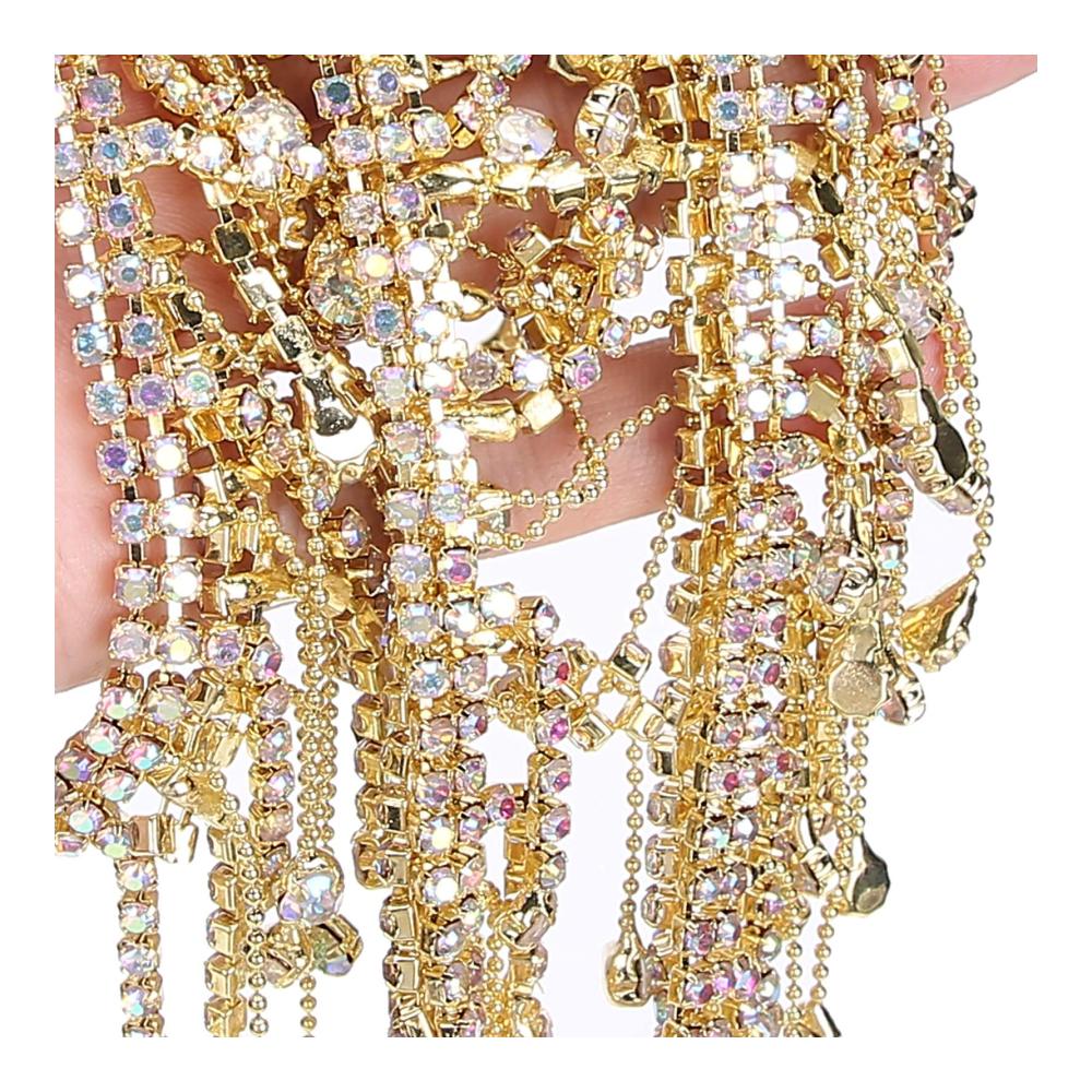 Elegante Strass-Borten mit Beads Hochwertige Fransen-Applikation für Brautkleider Taschen & mehr – Glamouröse Kristall-Dekoration in Goldton