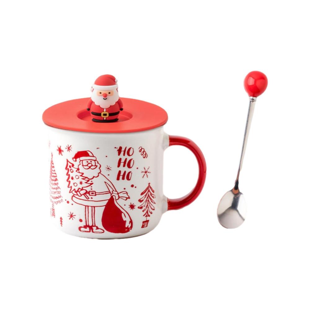 350ml Weihnachts-Keramiktasse niedliches Cartoon-Mädchen Kaffeetasse mit Deckel und rotem Löffel – Ideales Geschenk für Kaffeeliebhaber & Becher-Sammler