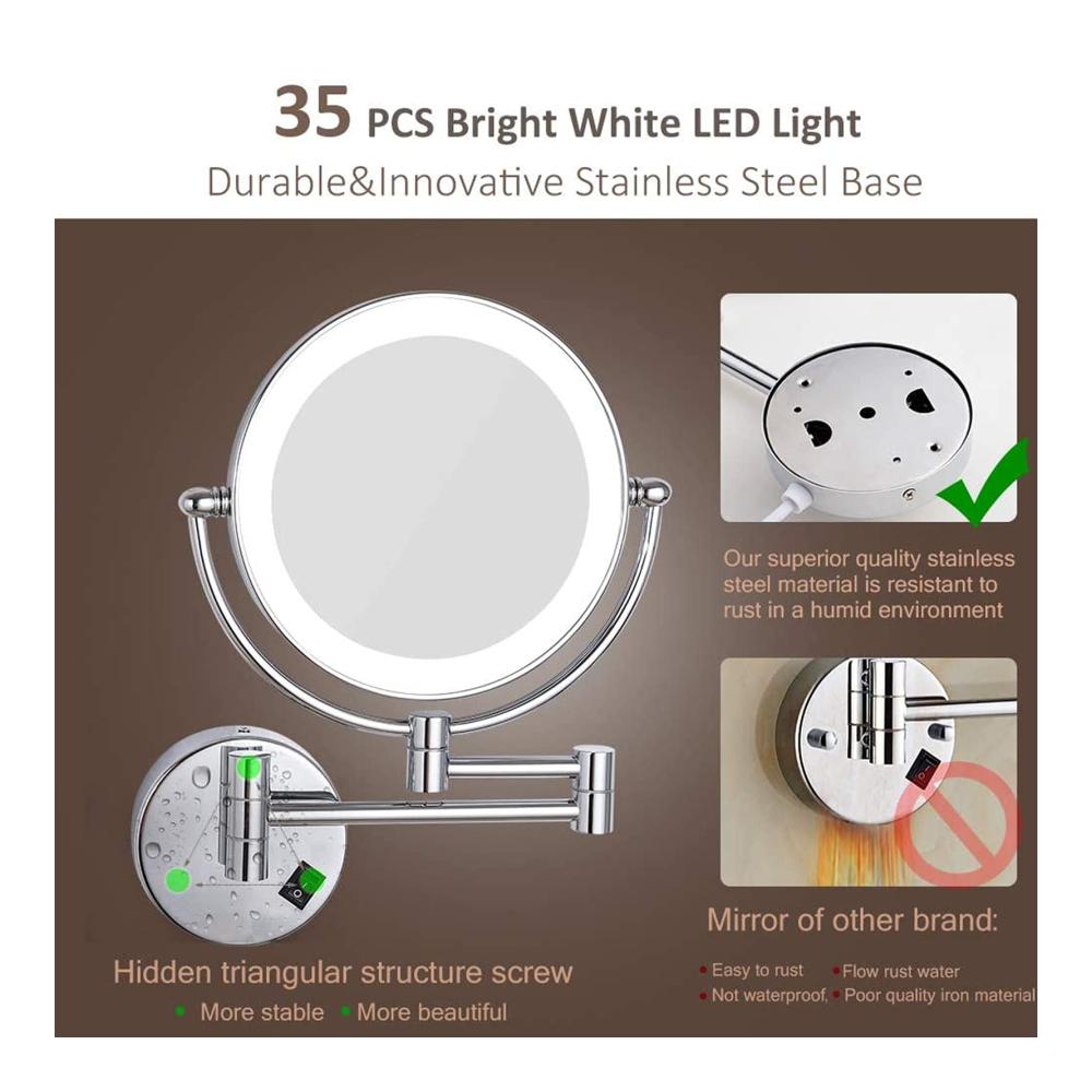 Entdecken Sie den ultimativen wandmontierten Kosmetikspiegel 3-fach vergrößert doppelseitig beleuchtet mit LED Chrom-Finish und 360° drehbarer Verlängerung. Perfekt für das Badezimmer