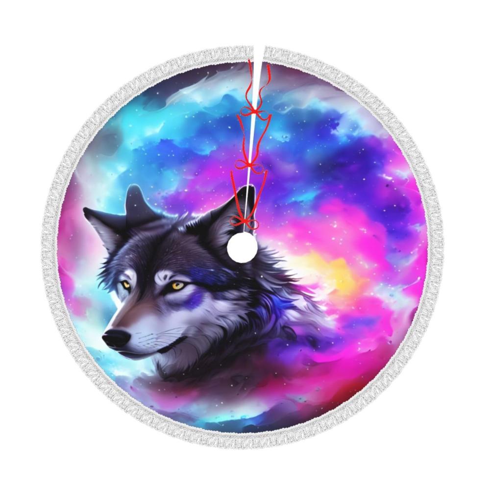 Lila Blau Universum Wolf Weihnachtsbaum Rock mit Quaste 48 Zoll Weihnachtsbaum Matte Abdeckung Bauernhaus Weihnachtsbaum Rock für Xmas Decor Festliche Urlaub Weihnachtsdekorationen | Luxuriöse Weihnachtsbaumständerhüllen für stilvolle Festlichkeit