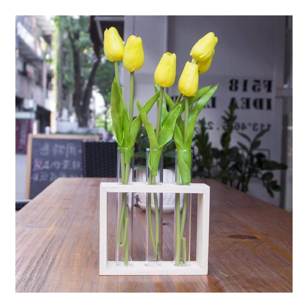 Deko Vasen Set Vintage Glas Reagenzgläser in Holzhalterung für Hydrokultur Pflanzen & Terrarium Dekoration - Perfekt für Zuhause Büro & Garten
